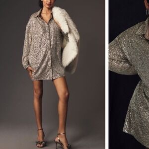 Anthropologie Flat White Sequin Tunic Dress Champagne Gold Button Front small